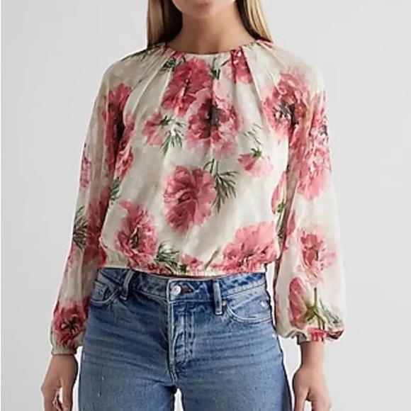 Express Pink Floral Gathered Neck Balloon Sleeve Top Clip Dot Lined Sz Large - Picture 13 of 13